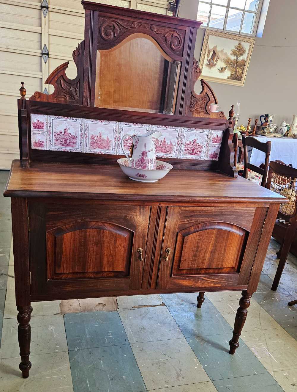 Blackwood wash stand with pink delft backsplash for sale in